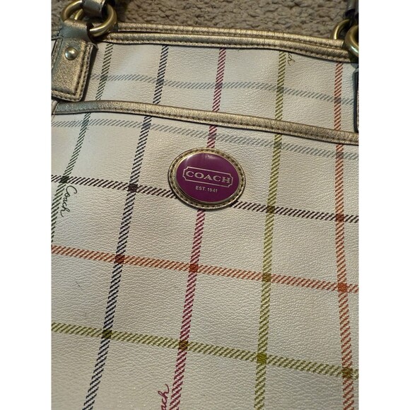 Coach Peyton Tattersall Tote Purse Handbag Ivory Plaid - Picture 3 of 11